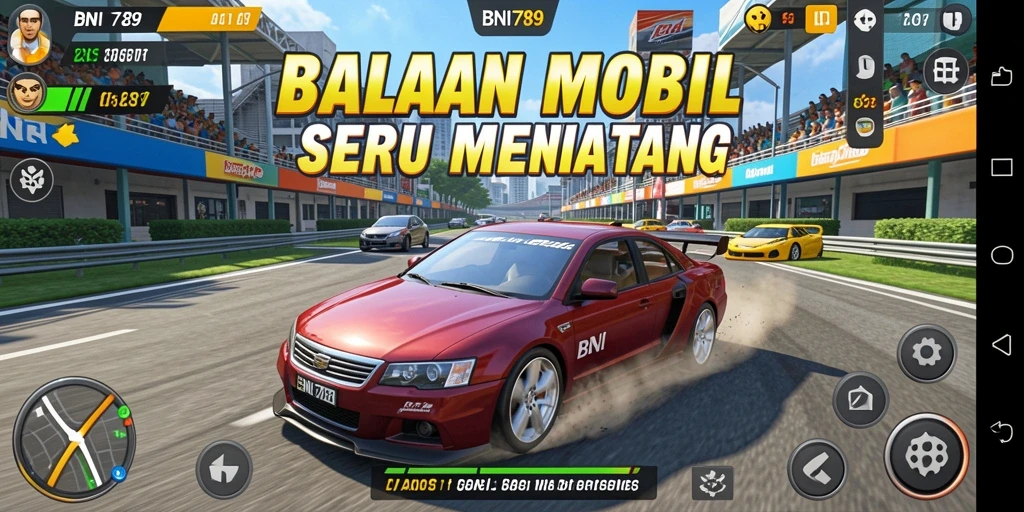 Screenshot BNI789 menampilkan aksi balapan mobil yang seru dan menegangkan.