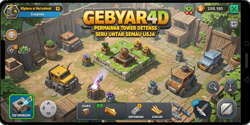 Tampilan gameplay seru dalam GEBYAR4D yang memperlihatkan strategi Tower Defense.