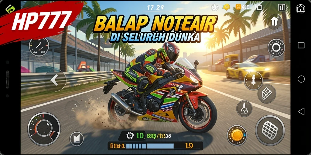 Gameplay seru HP777 dengan balapan motor yang cepat.