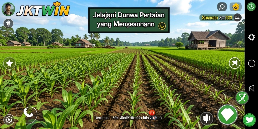 Tampilan gameplay JKTWIN yang menampilkan ladang dan aktivitas bertani.