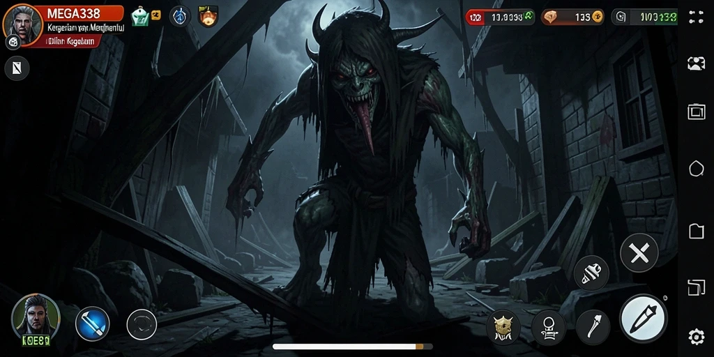 Tangkapan layar gameplay MEGA338 yang menakutkan dan mengesankan.