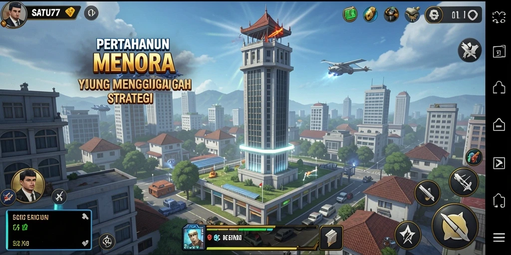 Tampilan menarik dari gameplay Tower Defense SATU77.