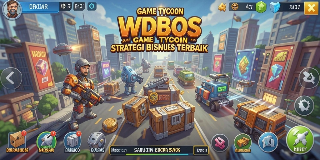 Tampilan gameplay WDBOS dengan elemen manajemen bisnis